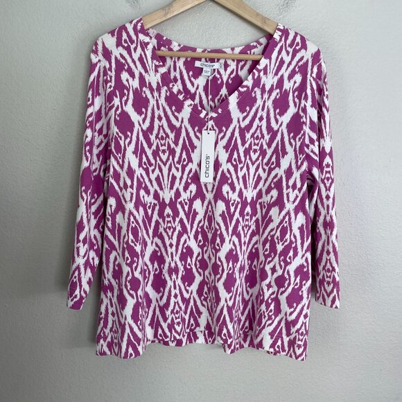 NEW Chicos Womens XL Pima Cotton Ikat Print Shirt V Neck 3/4 Sleeve Tee Top - Picture 7 of 9